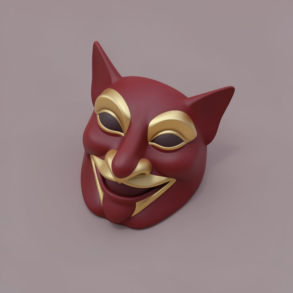 isometric render of a jester's mask in warm burgundy and gold